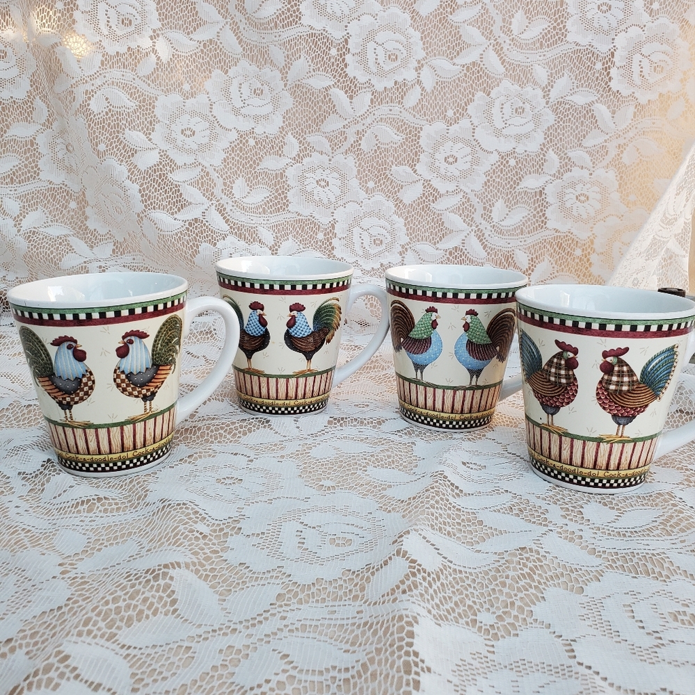 4 Rooster mugs Something to Crow About Debbie Mumm Sakura Oneida 12 oz Country